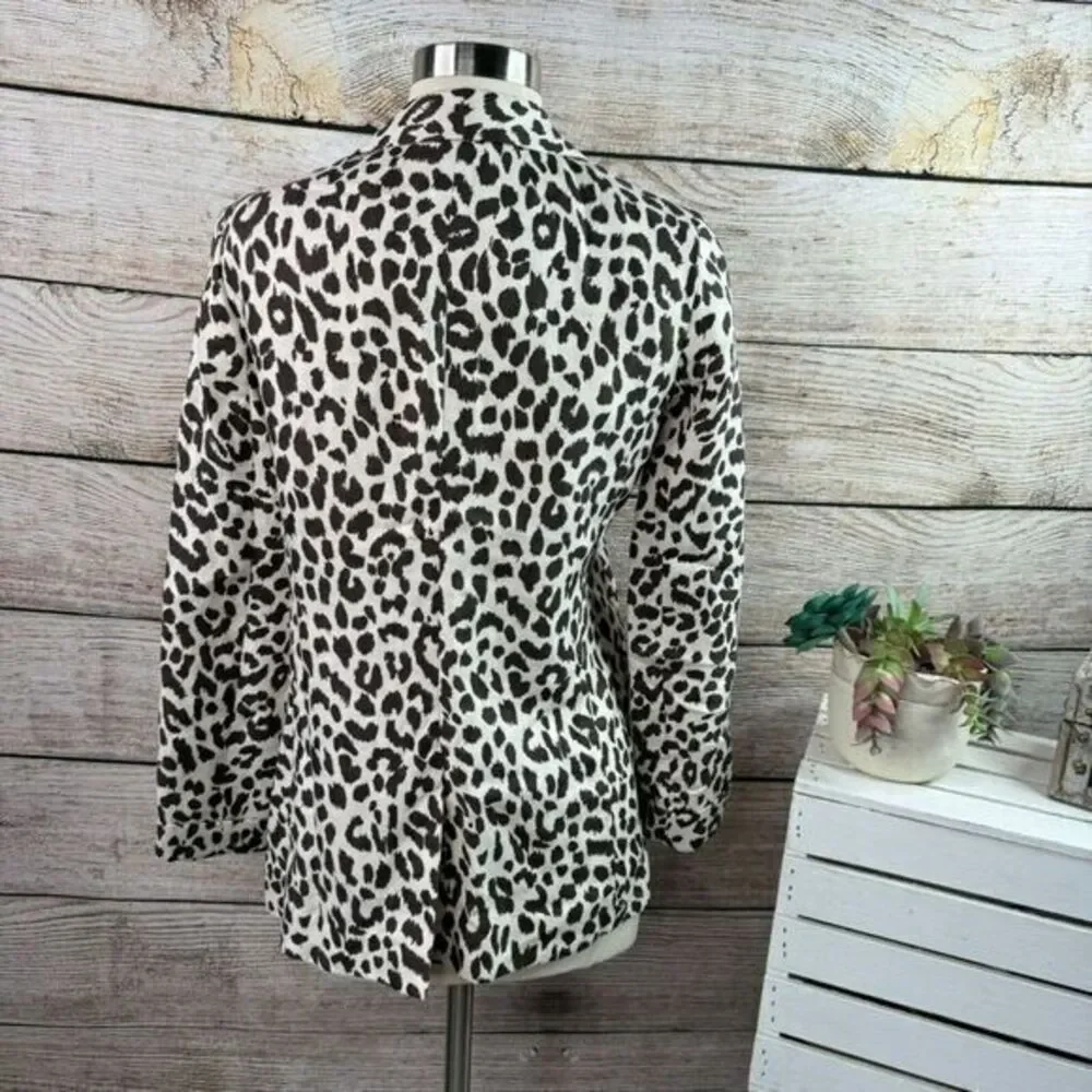 J Crew Women's Size 2 Brown Linen Leopard Print‎ Mid-Length Summer Blazer - Picture 4 of 9